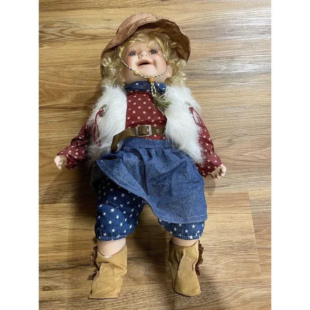 22in Porcelain Doll Patriotic Cowgirl Blonde Curls Blue Eye